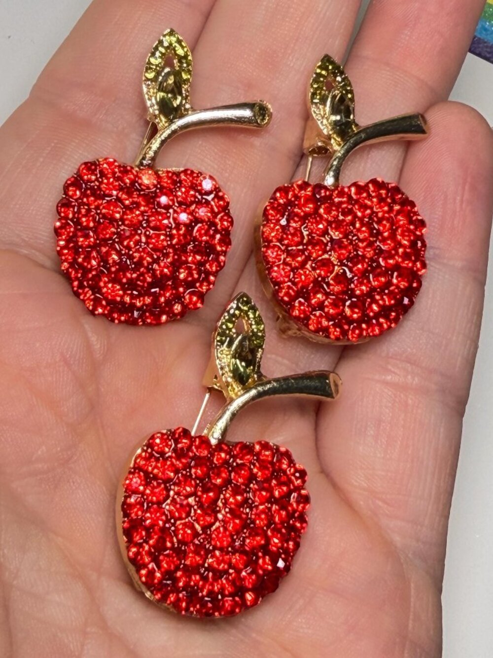Apple Rhinestone Brooch Modern Pin Lot Gold Tone Fruit Set of 3